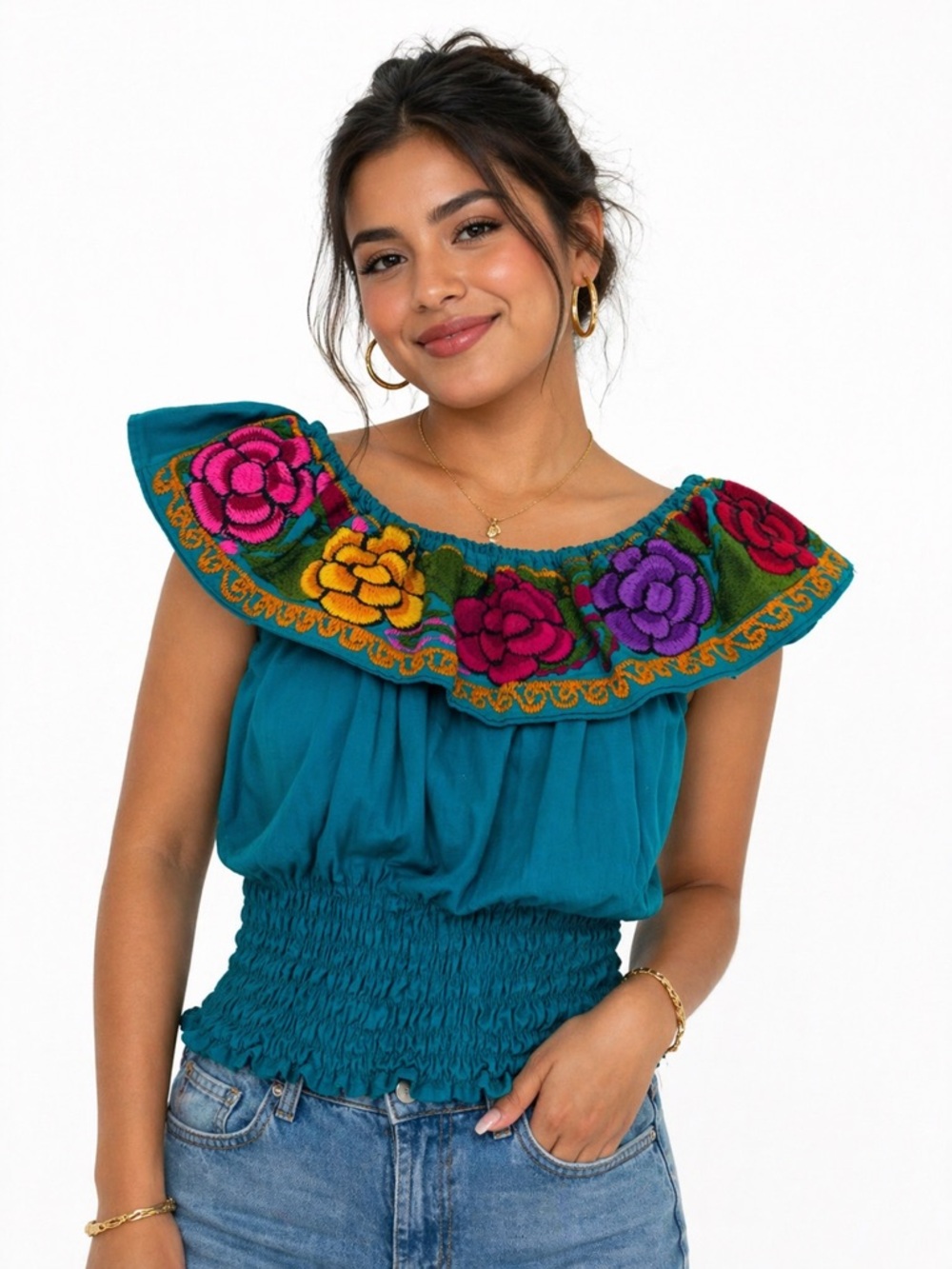 Boho Mexican Embroidered Off Shoulder Peasant Floral Teal Blouse Fiesta Chic